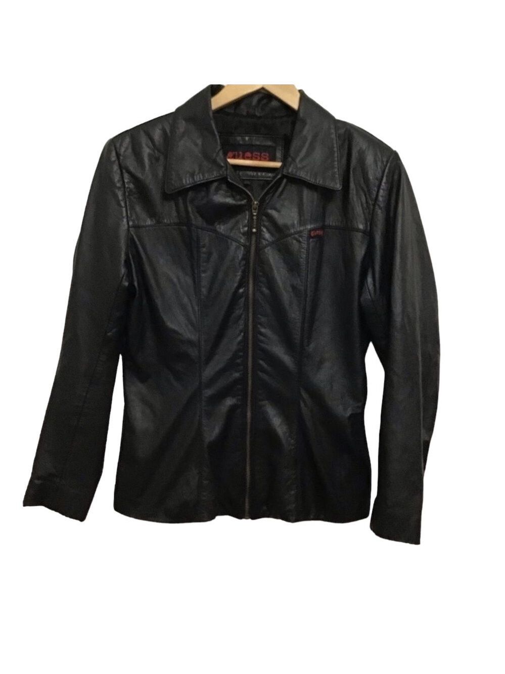 𝅺y2k Guess black jacket genuine leather zip-up  coat small